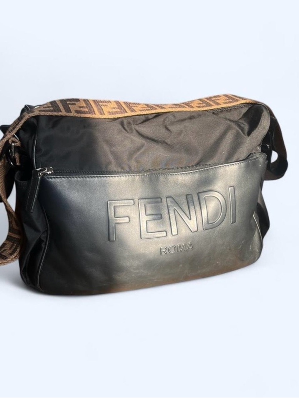 Fendi Black Leather/Nylon Diaper Bag with Brown FF Logo Strap